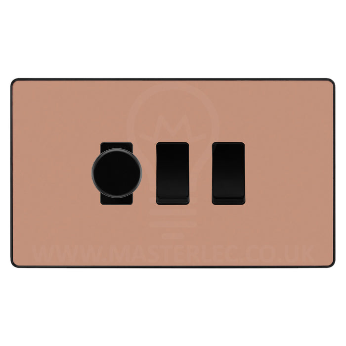 BG Evolve Polished Copper 3 Gang Light Switch 1x Trailing Edge LED Dimmer 2x 2 Way Custom Switch