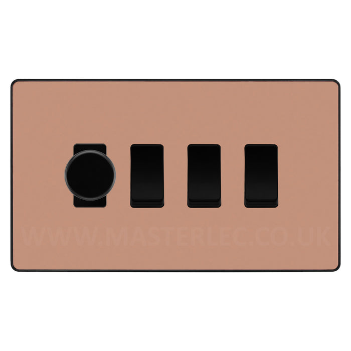 BG Evolve Polished Copper 4 Gang Light Switch 1x Trailing Edge LED Dimmer 3x 2 Way Custom Switch