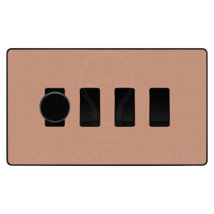 BG Evolve Polished Copper 4 Gang Light Switch 1x Trailing Edge LED Dimmer 3x 2 Way Custom Switch