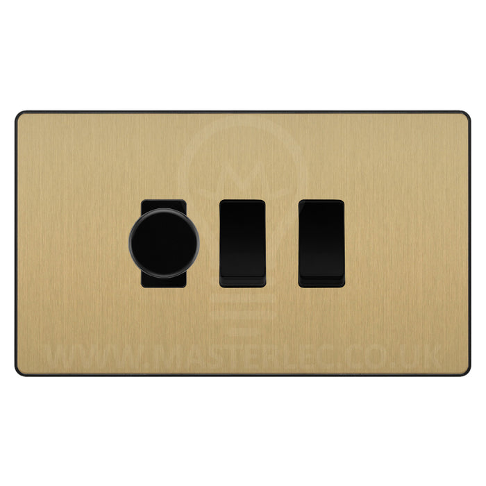 BG Evolve Satin Brass 3 Gang Light Switch 1x Trailing Edge LED Dimmer 2x 2 Way Custom Switch