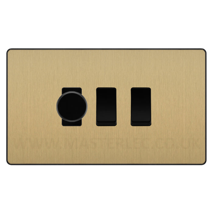 BG Evolve Satin Brass 3 Gang Light Switch 1x Trailing Edge LED Dimmer 2x 2 Way Custom Switch