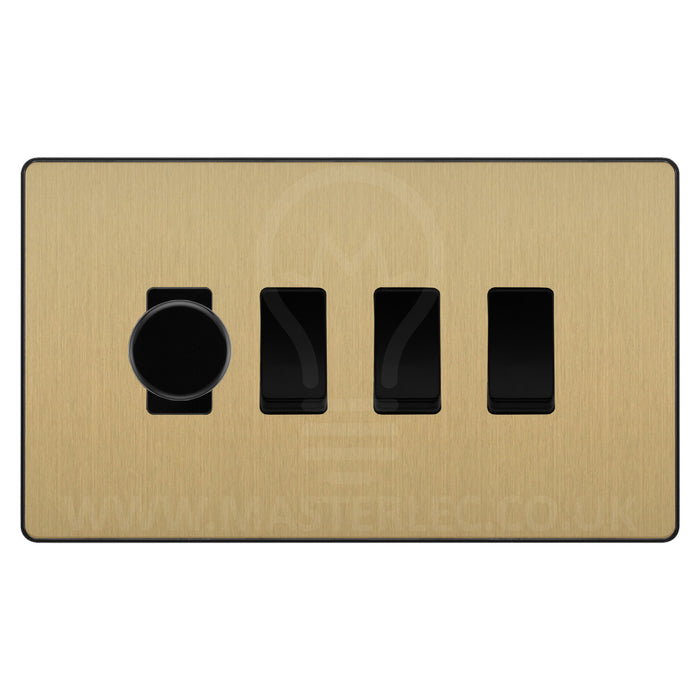 BG Evolve Satin Brass 4 Gang Light Switch 1x Trailing Edge LED Dimmer 3x 2 Way Custom Switch