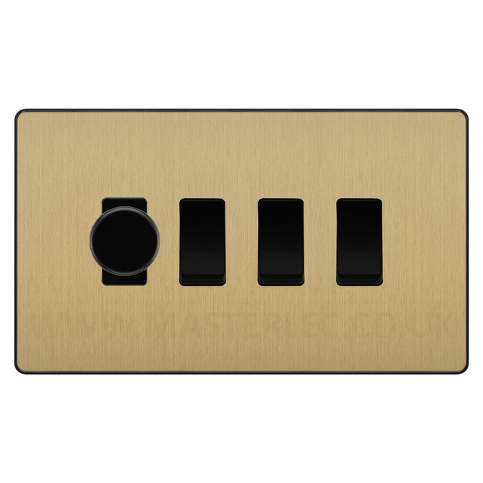 BG Evolve Satin Brass 4 Gang Light Switch 1x Trailing Edge LED Dimmer 3x 2 Way Custom Switch
