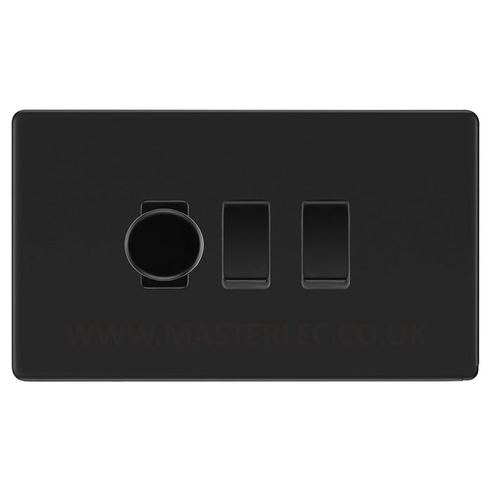 BG Screwless Flatplate Matt Black 3 Gang Grid Switch 1x Trailing Edge LED Dimmer 2x 2 Way