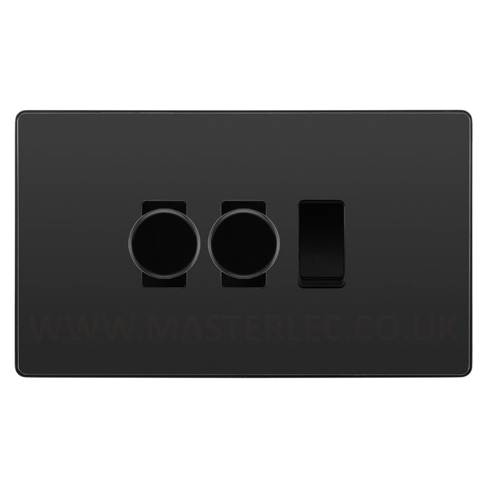 BG Evolve Black Chrome 3 Gang Light Switch 2x Trailing Edge LED Dimmer 1x 2 Way Custom Switch