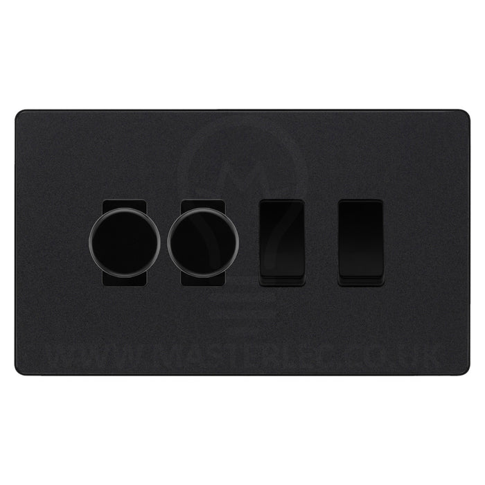 BG Evolve Matt Black 4 Gang Light Switch 2x Trailing Edge LED Dimmer 2x 2 Way Custom Switch