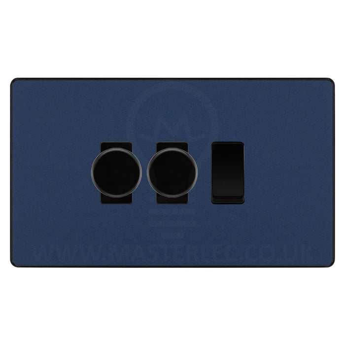 BG Evolve Matt Blue 3 Gang Light Switch 2x Trailing Edge LED Dimmer 1x 2 Way Custom Switch