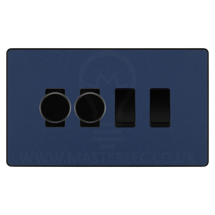 BG Evolve Matt Blue 4 Gang Light Switch 2x Trailing Edge LED Dimmer 2x 2 Way Custom Switch