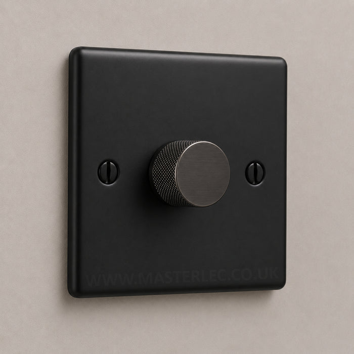 Matt Black 1 Gang Knurled Dimmer Switch with Black Nickel Dimmer Knob