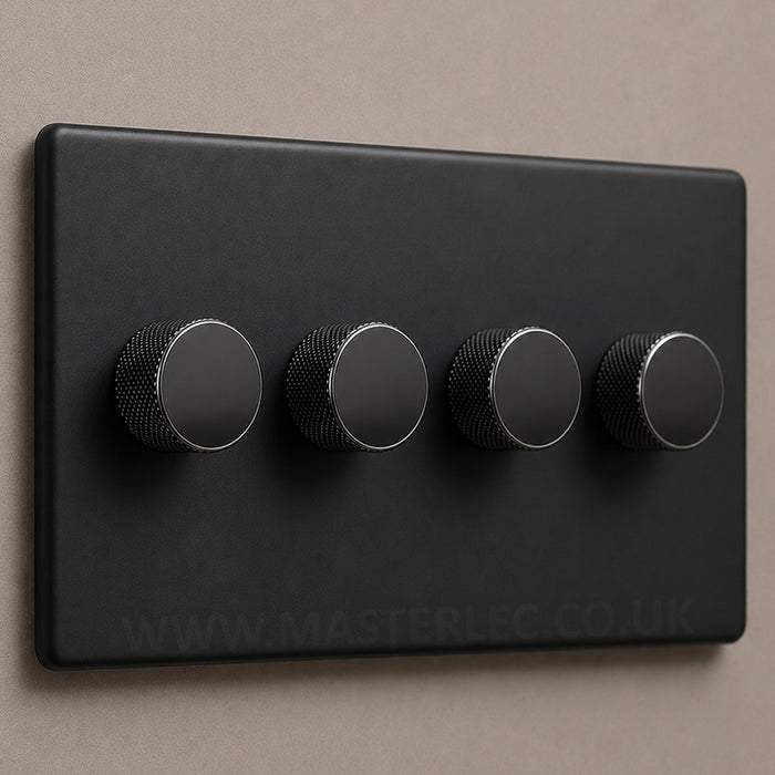 Matt Black Screwless Quad 4 Gang Dimmer Switch with Black Nickel Knurled Dimmer Knob