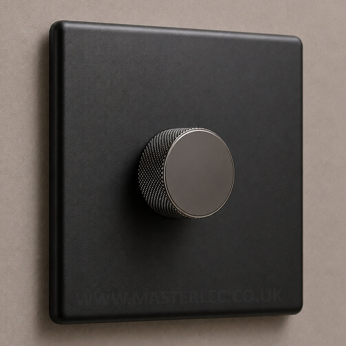 Matt Black Screwless Single 1 Gang Dimmer Switch with Black Nickel Knurled Dimmer Knob