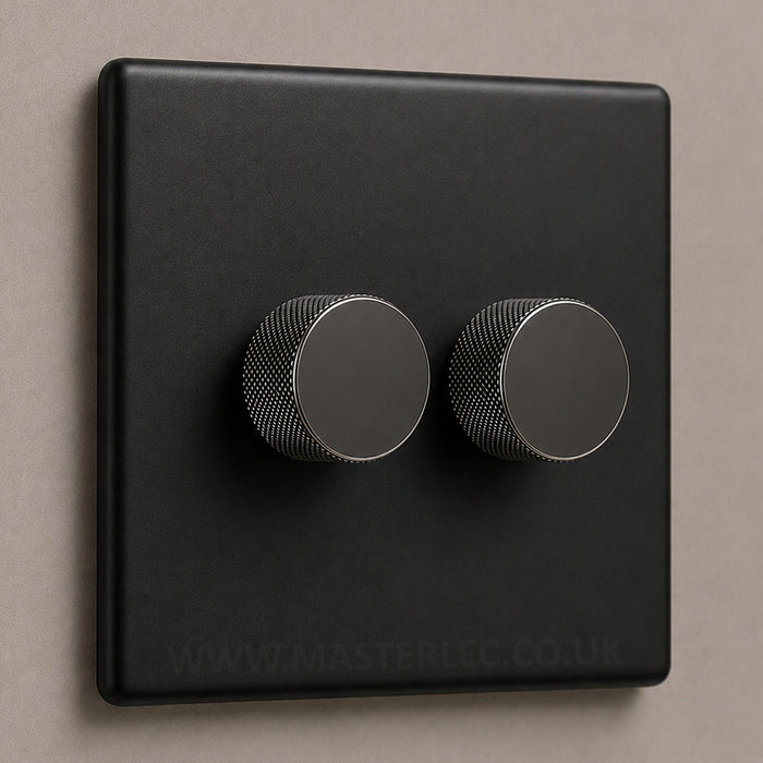 Matt Black Screwless Double 2 Gang Dimmer Switch with Black Nickel Knurled Dimmer Knob