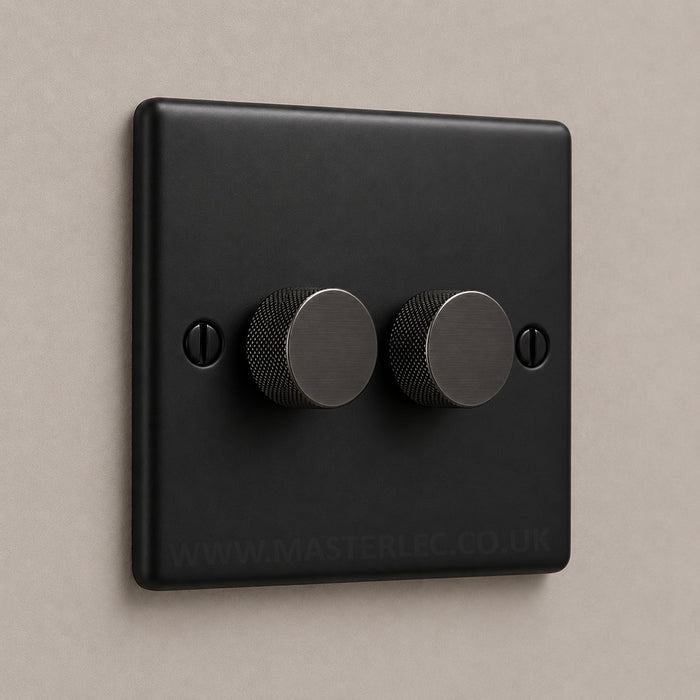 Matt Black 2 Gang Knurled Dimmer Switch with Black Nickel Dimmer Knob