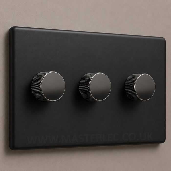 Matt Black Screwless Triple 3 Gang Dimmer Switch with Black Nickel Knurled Dimmer Knob