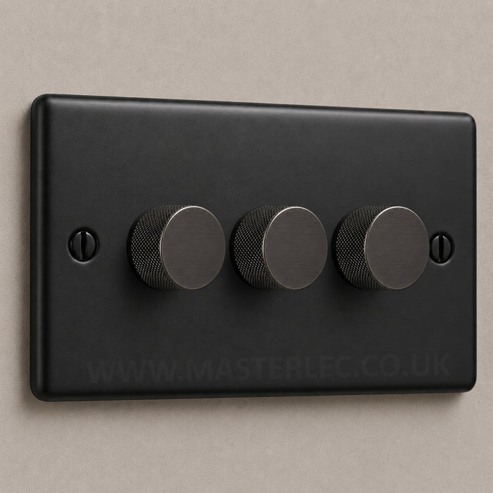 Matt Black 3 Gang Knurled Dimmer Switch with Black Nickel Dimmer Knob