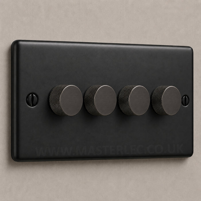 Matt Black 4 Gang Knurled Dimmer Switch with Black Nickel Dimmer Knob