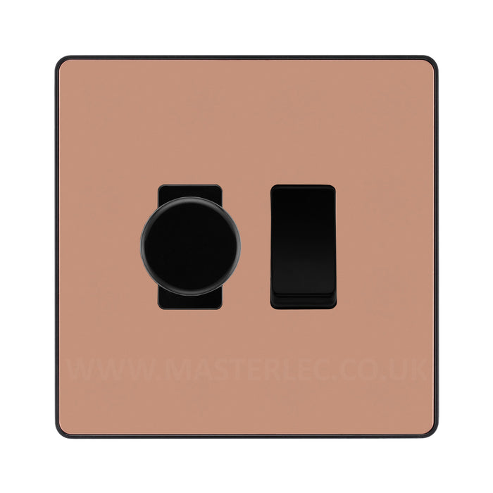 BG Evolve Polished Copper 2 Gang Light Switch 1x Trailing Edge LED Dimmer 1x 2 Way Custom Switch