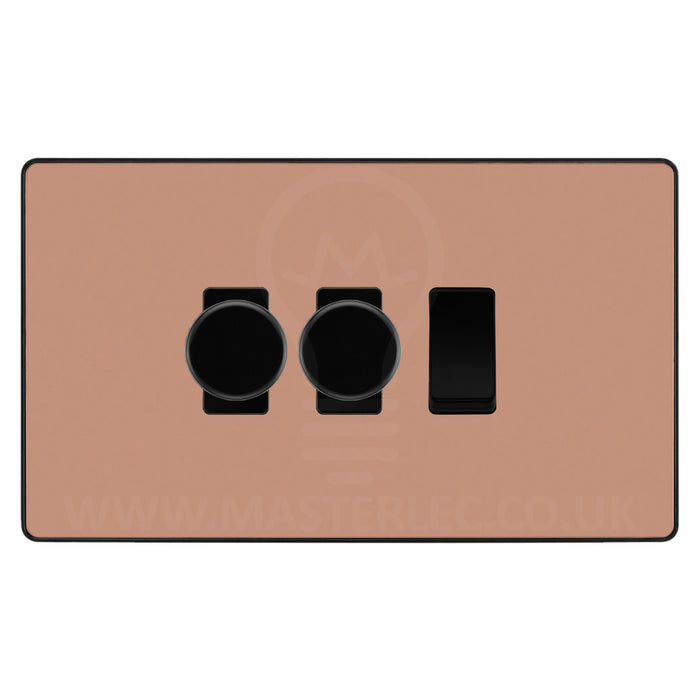 BG Evolve Polished Copper 3 Gang Light Switch 2x Trailing Edge LED Dimmer 1x 2 Way Custom Switch