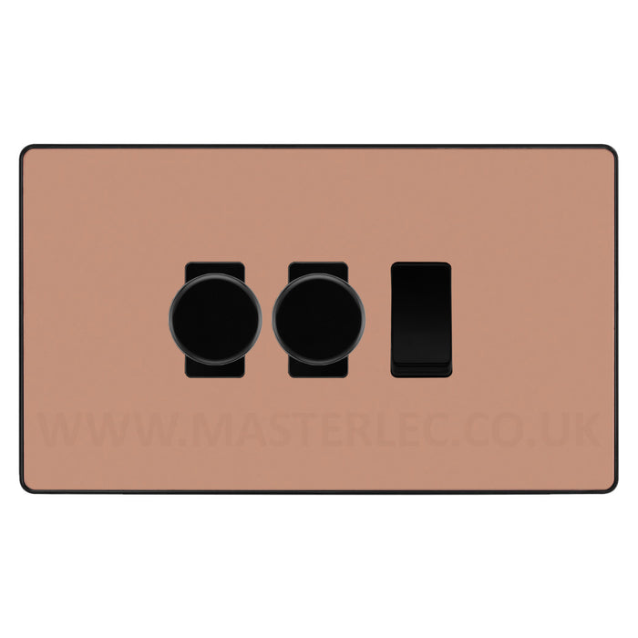BG Evolve Polished Copper 3 Gang Light Switch 2x Trailing Edge LED Dimmer 1x 2 Way Custom Switch