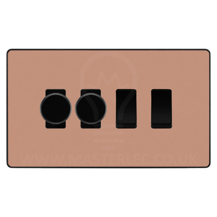 BG Evolve Polished Copper 4 Gang Light Switch 2x Trailing Edge LED Dimmer 2x 2 Way Custom Switch