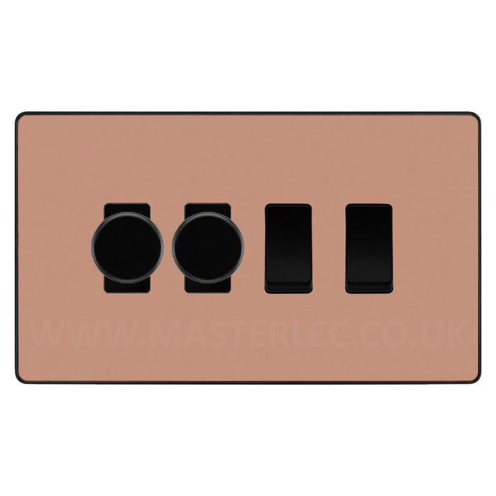 BG Evolve Polished Copper 4 Gang Light Switch 2x Trailing Edge LED Dimmer 2x 2 Way Custom Switch