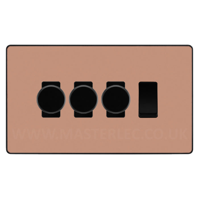 BG Evolve Polished Copper 4 Gang Light Switch 3x Trailing Edge LED Dimmer 1x 2 Way Custom Switch