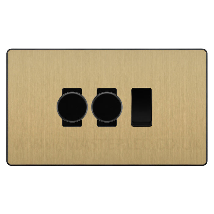 BG Evolve Satin Brass 3 Gang Light Switch 2x Trailing Edge LED Dimmer 1x 2 Way Custom Switch