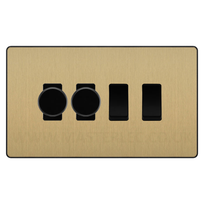 BG Evolve Satin Brass 4 Gang Light Switch 2x Trailing Edge LED Dimmer 2x 2 Way Custom Switch