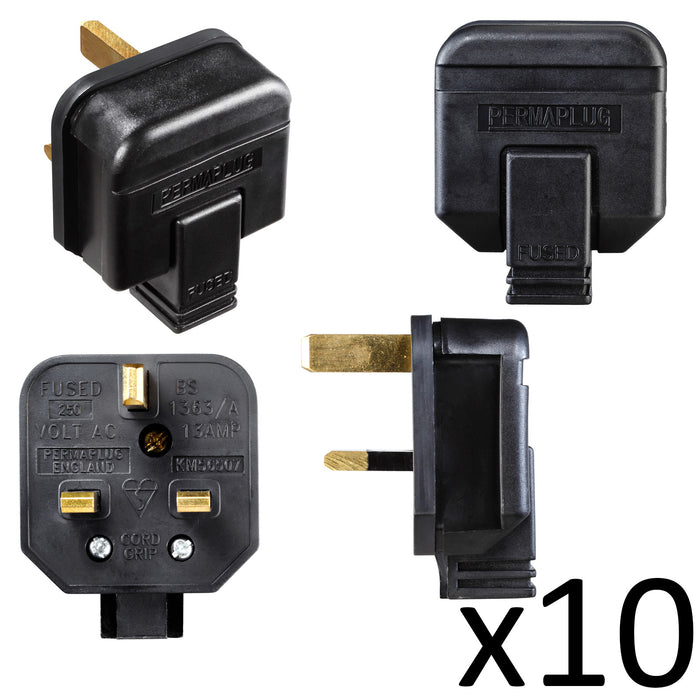 10x Black Rubber Plug Top Heavy Duty Permaplug 13 Amp Fused 3 Pin Plug HDPT13B