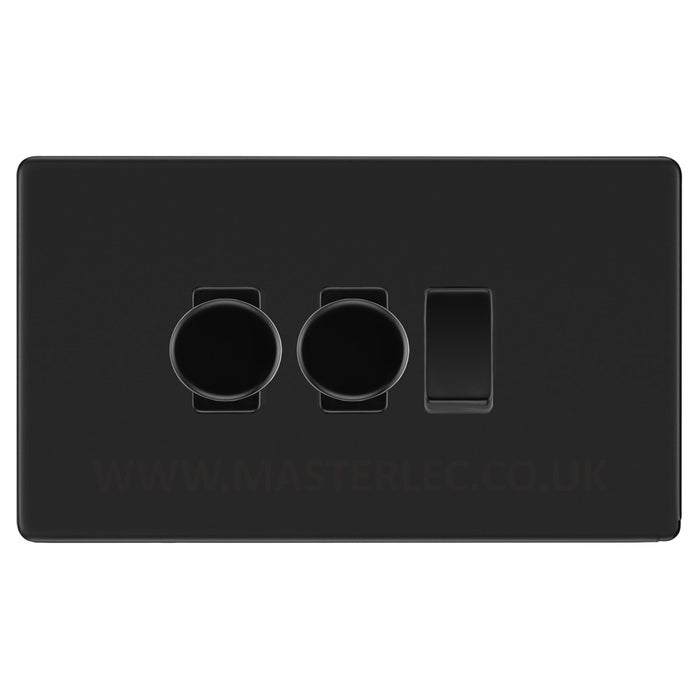 BG Screwless Flatplate Matt Black 3 Gang Grid Switch 2x Trailing Edge LED Dimmer 1x 2 Way