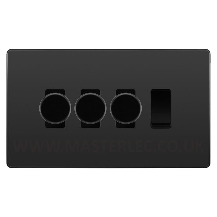 BG Evolve Black Chrome 4 Gang Light Switch 3x Trailing Edge LED Dimmer 1x 2 Way Custom Switch