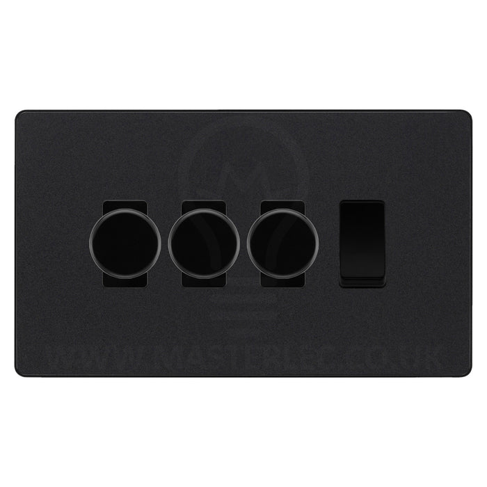 BG Evolve Matt Black 4 Gang Light Switch 3x Trailing Edge LED Dimmer1x 2 Way Custom Switch