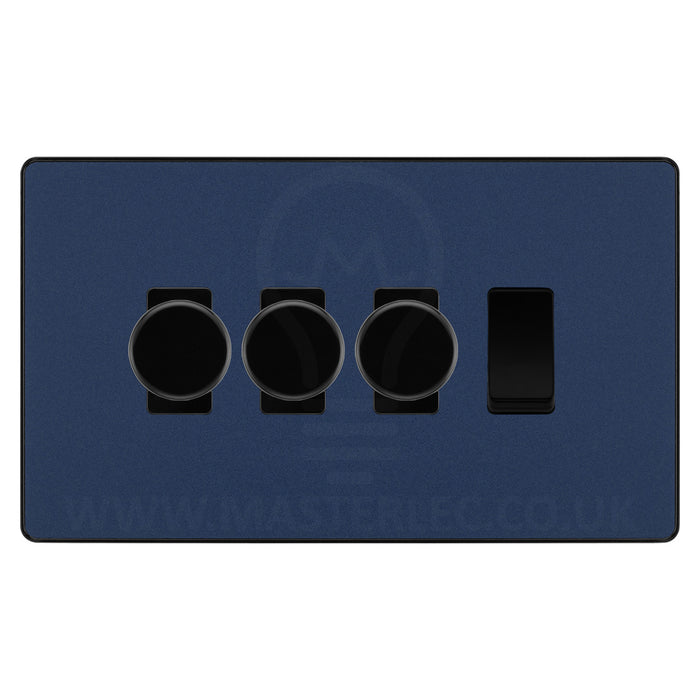 BG Evolve Matt Blue 4 Gang Light Switch 3x Trailing Edge LED Dimmer 1x 2 Way Custom Switch