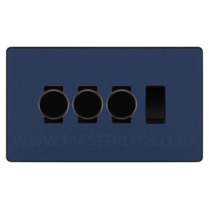 BG Evolve Matt Blue 4 Gang Light Switch 3x Trailing Edge LED Dimmer 1x 2 Way Custom Switch