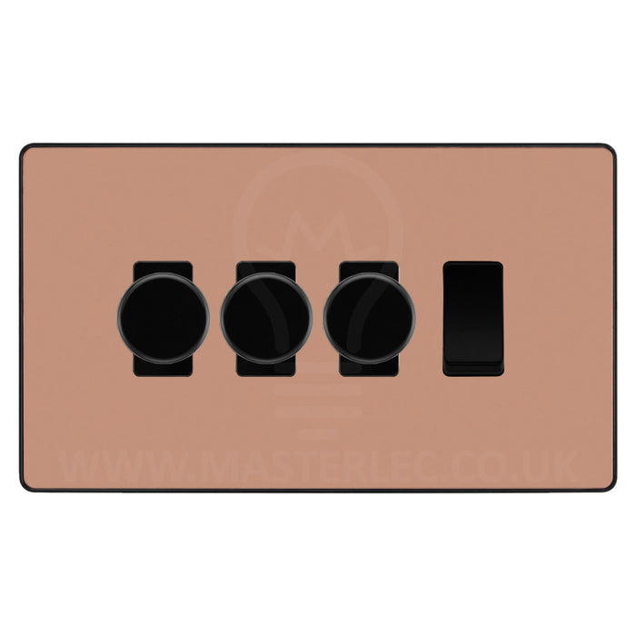 BG Evolve Polished Copper 4 Gang Light Switch 3x Trailing Edge LED Dimmer 1x 2 Way Custom Switch