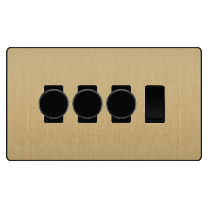 BG Evolve Satin Brass 4 Gang Light Switch 3x Trailing Edge LED Dimmer 1x 2 Way Custom Switch