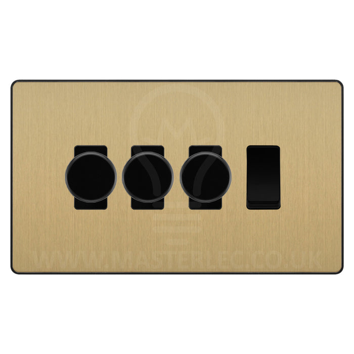 BG Evolve Satin Brass 4 Gang Light Switch 3x Trailing Edge LED Dimmer 1x 2 Way Custom Switch