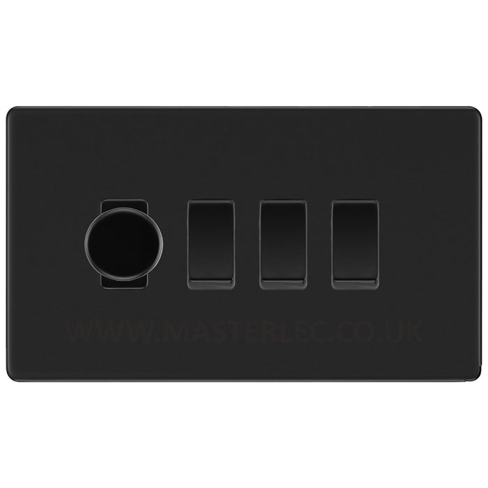 BG Screwless Flatplate Matt Black 4 Gang Grid Switch 1x Trailing Edge LED Dimmer 3x 2 Way