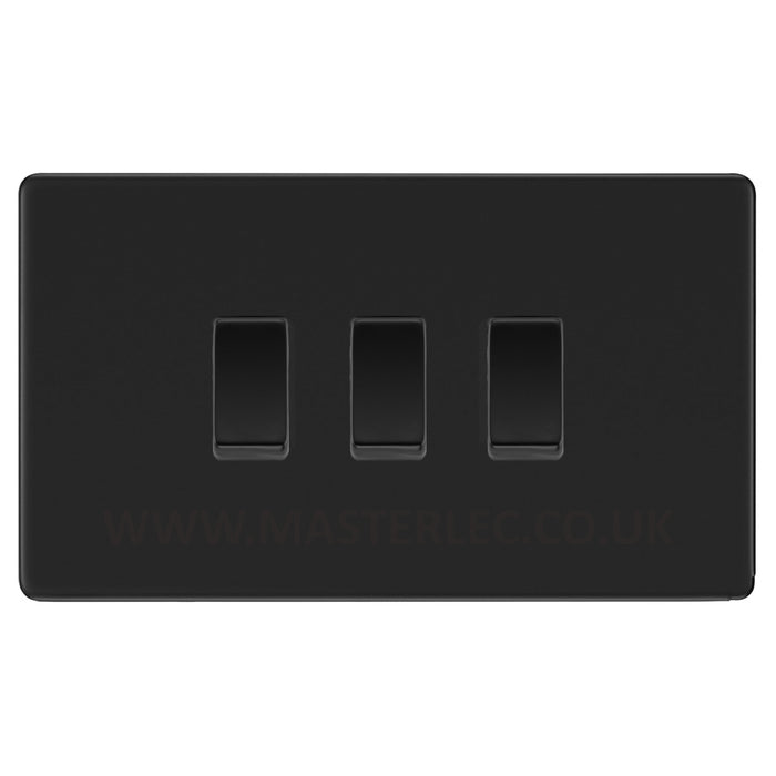 BG Screwless Flatplate Matt Black 3 Gang Switch 1x Intermediate 2x 2 Way Custom Grid Light Switch