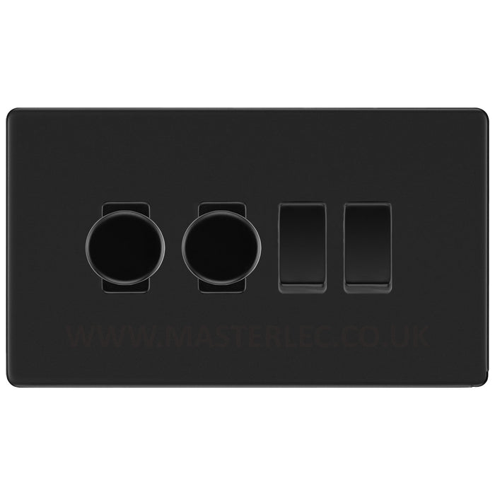 BG Screwless Flatplate Matt Black 4 Gang Grid Switch 2x Trailing Edge LED Dimmer 2x 2 Way