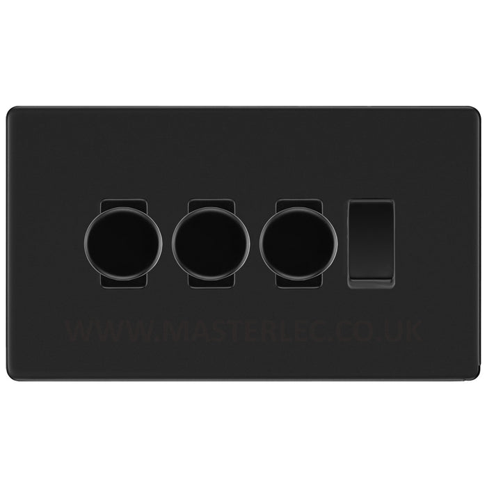 BG Screwless Flatplate Matt Black 4 Gang Grid Switch 3x Trailing Edge LED Dimmer 1x 2 Way