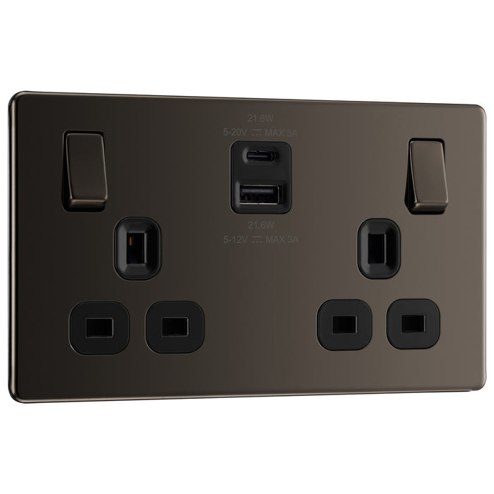 BG Screwless FBN22UAC22B Black Nickel Double Socket with USB 22W Type A & C USB