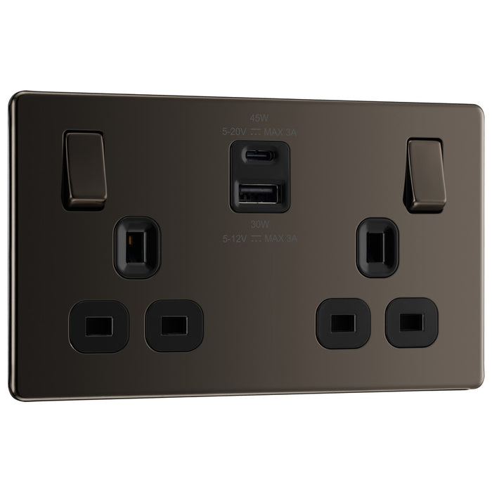 BG Screwless FBN22UAC45B Black Nickel Double Socket with USB 45W Type A & C USB