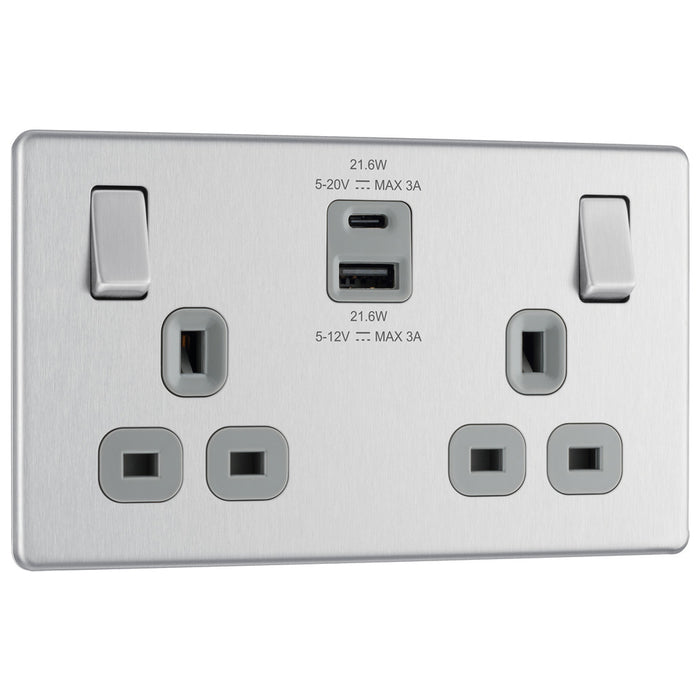 BG Screwless FBS22UAC22G Brushed Steel USB Double Socket 22W Type A & C USB Grey