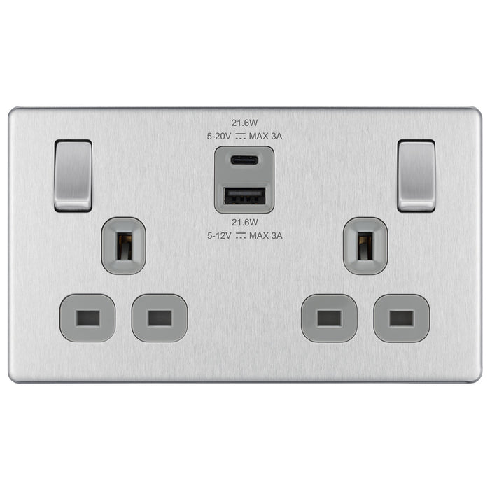 BG Nexus Screwless Flat Plate Brushed Steel Switches and Sockets Grey Inserts Full Range