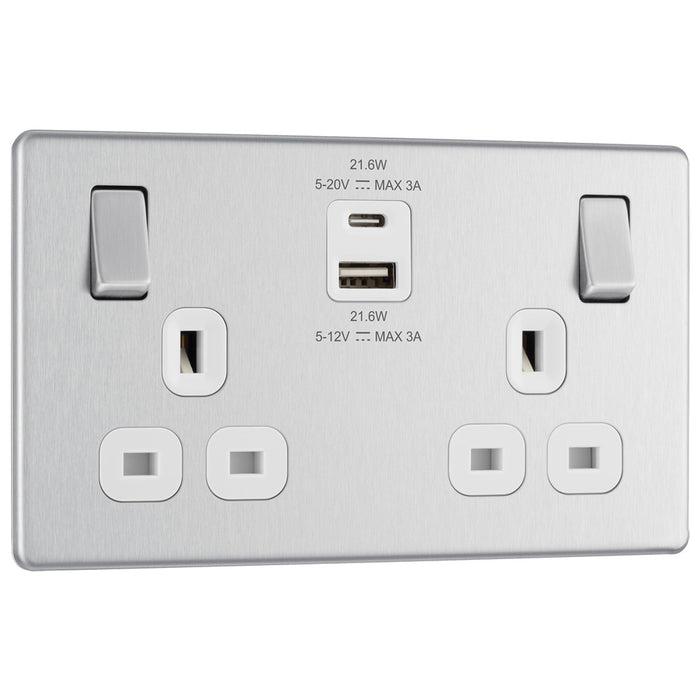 BG Screwless FBS22UAC22W Brushed Steel Type A & C USB Double Socket 22W White Inserts