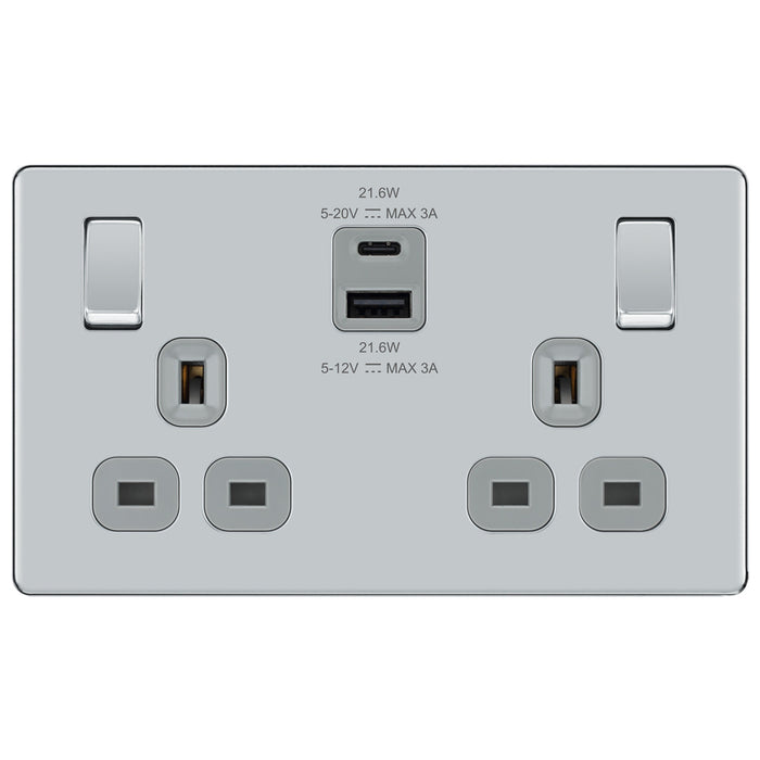 BG Nexus Screwless Flat Plate Polished Chrome Switches and Sockets Grey Inserts Full Range