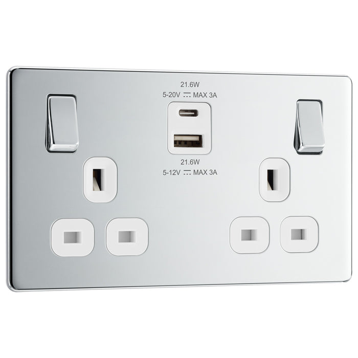 BG Screwless FPC22UAC22W Type A & C USB Polished Chrome Double Socket 22W White Inserts