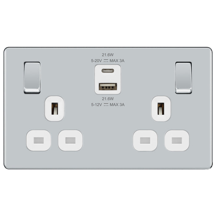 BG Screwless FPC22UAC22W Type A & C USB Polished Chrome Double Socket 22W White Inserts