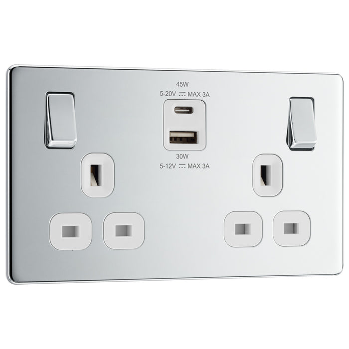 BG Screwless FPC22UAC45W USB Polished Chrome Double Socket 45W Type A & C USB